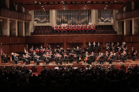 On Nov. 10, 2017, the U.S. Marine Band and the National Symphony Orchestra presented a concert titled “Notes of Honor.” The joint concert, held at the Kennedy Center Concert Hall in Washington, D.C., was conducted by Gianandrea Noseda and Col. Jason K. Fettig. (U.S. Marine Corps photo by Master Sgt. Amanda Simmons/released)