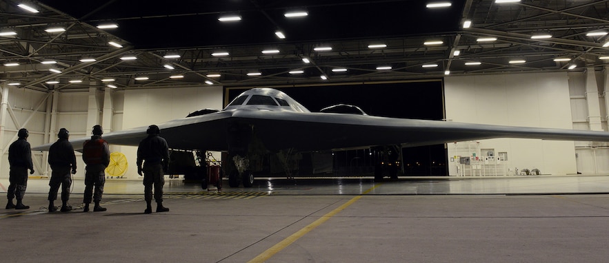 U.S. Air Force maintainers assigned to Whiteman Air Force Base, Mo., inspect a B-2 Spirit before it takes off Oct. 28, 2017.  The B-2 conducted a conducted a long-range mission to the U.S. Pacific Command area of responsibility this weekend. Long-range missions familiarize aircrew with air bases and operations in different geographic combatant commands, enabling them to maintain a high state of readiness and proficiency.