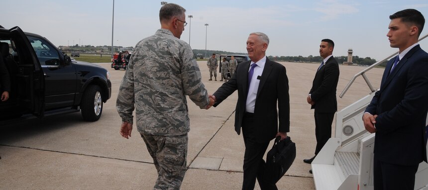 Secretary of Defense Jim Mattis (center) is greeted by U.S. Air Force Gen. John. E. Hyten, commander of U.S. Strategic Command (USSTRATCOM), upon his arrival at Offutt Air Force Base, Neb., Sept. 13, 2017. During his visit, Secretary Mattis met with USSTRATCOM leadership to discuss strategic deterrence in the 21st century. This was Secretary Mattis’ first visit to USSTRATCOM as Secretary of Defense. One of nine Department of Defense unified combatant commands, USSTRATCOM has global missions assigned through the Unified Command Plan that include strategic deterrence, space operations, cyberspace operations, joint electronic warfare, global strike, missile defense, intelligence, and analysis and targeting.