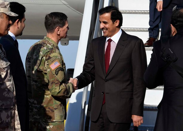 MacDill AFB, Fla. (April, 6, 2018) - His Highness, Tamim bin Hamad Al-Thani, the Emir of Qatar, shakes hands with U.S. Army Gen. Joseph Votel, commander, U.S. Central Command, upon arriving at MacDill Air Force Base. Tamim bin Hamad Al-Thani met Votel to discuss security issues of interest to both nations.  (U.S. Air Force photo by TSgt. Dana Flamer)