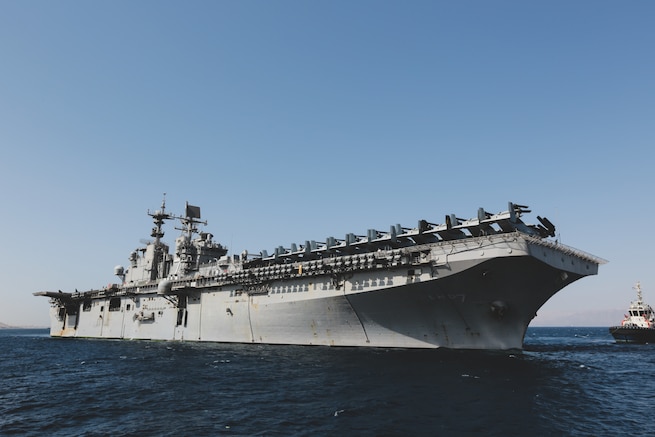 AQABA, Jordan (April 15, 2018) – USS Iwo Jima (LHD 7) and embarked 26th Marine Expeditionary Unit arrive in Aqaba, Jordan for exercise Eager Lion 18. (U.S. Marine Corps photo by Staff Sgt. Vitaliy Rusavskiy/Released)