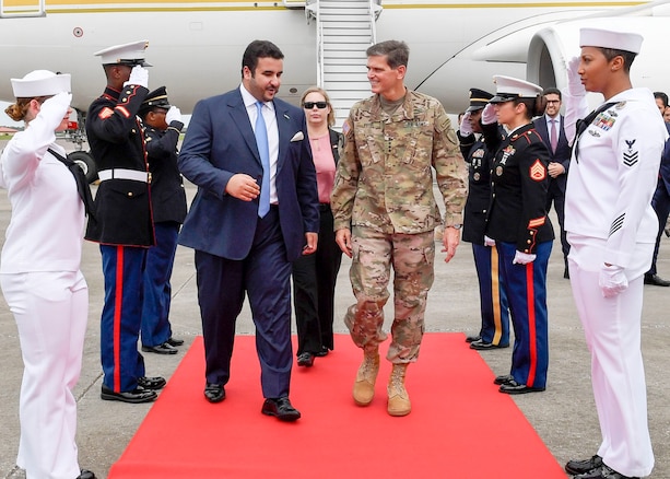 U.S. Army Gen. Joseph Votel, commander, U.S. Central Command, welcomes His Royal Highness Prince Khalid bin Salman, Ambassador of the Kingdom of Saudi Arabia, to the U.S., to MacDill Air Force Base, July 31, 2018. The two leaders discussed mutual security concerns in the USCENTCOM area of responsibility. (U.S. Air Force photo by TSgt. Dana Flamer)