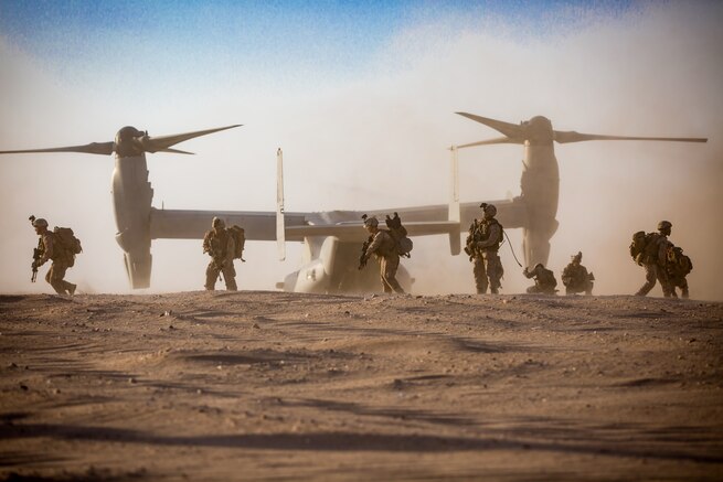 U.S. Marines with India Company 3rd Battalion, 7th Marine Regiment, 1st Marine Division attached to Special Purpose Marine Air-Ground Task Force, Crisis Response-Central Command conduct a tactical recovery of aircraft and personnel exercise August 19, 2018. The training exercise provided Marines the opportunity to enhance combat readiness and crisis response skills. (U.S. Marine Corps photo by Cpl. Teagan Fredericks)