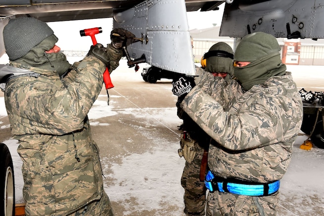 Members of the 127th Aircraft Maintenance Squadron, perform flight operations on the A-10 Thunderbolt II at Selfridge Air National Guard Base, Mich., Feb. 3, 2018. The maintenance and flight crews for the A-10 Thunderbolt II, perform their duties year round, regardless of weather conditions.