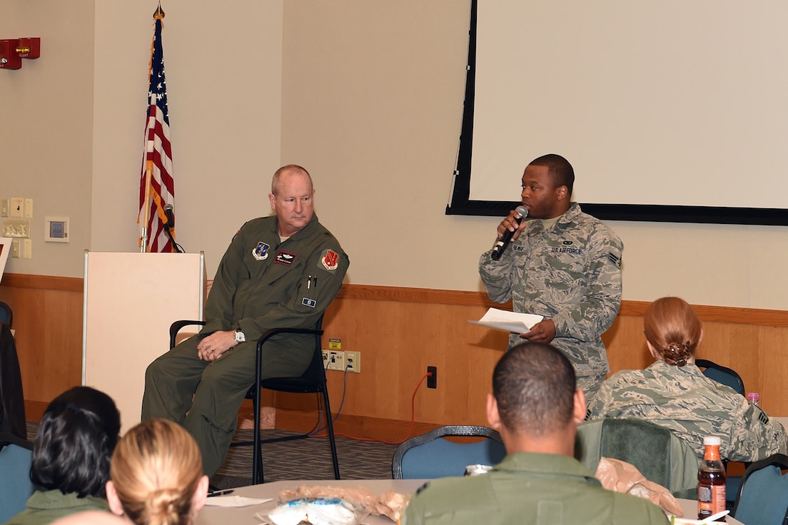 Senior Airman David Palmer, 171st Air Refueling Squadron here, reads the mission statement of the 127th Wing's Diversity Council during the first, "Lunch and Learn," event hosted by the group Thursday.