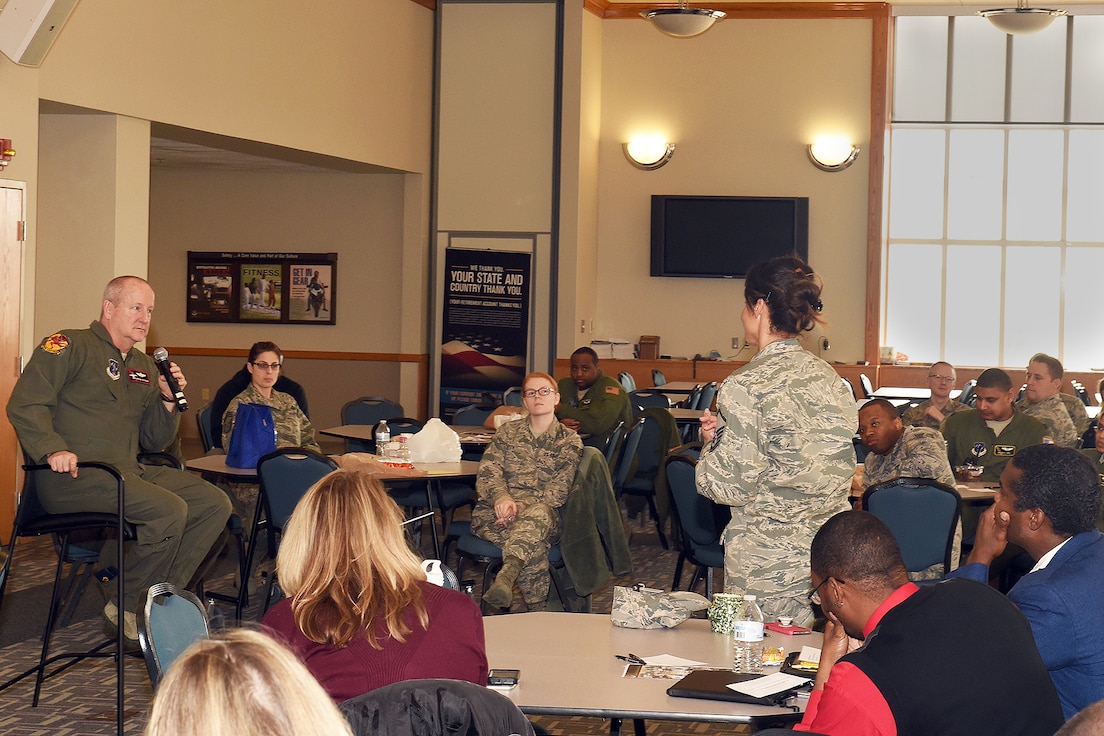 Master Sgt. Sheila Lipe,  with the 127th Maintenance Group here, asks Brig. Gen. John D. Slocum a question during the Wing's, "Lunch and Learn," event hosted by the 127th Wing Diversity Council Thursday.