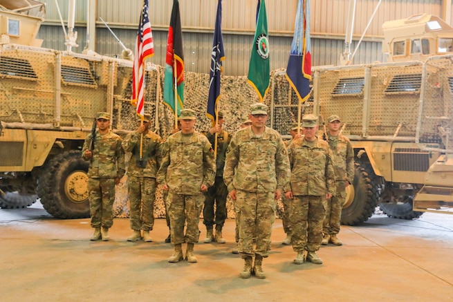 U.S. Army Brig. Gen. Jeffrey Smiley, incoming commander for Train, Advise and Assist Command-South, left, U.S. Army Maj. Gen. Andrew Poppas, deputy chief of staff for operations for Resolute Support and the deputy commanding general for operations for U.S. Forces Afghanistan, center, and U.S. Army Brig. Gen. John Lathrop, outgoing commander for TAAC-South, right, face the audience, June 30, 2018, during a Transfer of Authority ceremony in Kandahar, Afghanistan. Lathrop, assigned to the 40th Infantry Division, California National Guard, relinquished authority of TAAC-South to Smiley, assigned to the 40th Inf. Div. 

"Serving as the TAAC-South commander has been the most extraordinary experience of my career,” said Lathrop. "No commander can ask for more than what the team has given in bravery, compassion, and strength of character. I cannot think of a better leader to assume command than Brig. Gen. Smiley, whose experience in Afghanistan and passion to accomplish the mission will be vital to his team’s success.” 

The command is composed of U.S. Army Soldiers from 40th Infantry Division, California National Guard and 2nd Infantry Brigade Combat Team, 4th Infantry Division. The command’s mission is to train and advise Afghan security forces. Its U.S. forces also assist with counterterrorism operations in southern Afghanistan. (U.S. Army photo by Staff Sgt. Neysa Canfield/TAAC-South Public Affairs)