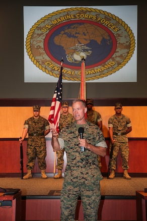 Lieutenant General Carl E. Mundy, III, the new commander of United States Marine Corps Forces, Central Command addresses the service members and attendees during the MARCENT change of command ceremony, at the Vince Tolbert Building at MacDill Air Force Base, July 11. Mundy assumed command from Lt. Gen. William D. Beydler, who has served as the MARCENT Commander since Oct. 27, 2015. (Photo by Tom Gagnier)