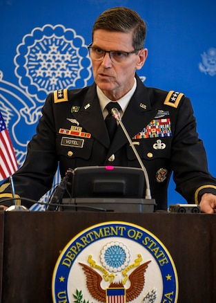 Dushanbe, Tajikistan-- U.S. Army Gen Joseph L. Votel, commander, U.S. Central Command, talks with members of the media during a press conference, May 11, 2018. Votel was in Tajikistan to meet with senior leaders to discuss topics of common interest that support security and stability in Central Asia. (U.S. Air Force photo by Tech Sgt. Dana Flamer/Released)