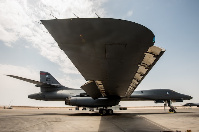 A 34th Expeditionary Bomb Squadron B-1B Lancer is prepared for departure at Al Udeid Air Base, Qatar, May 19, 2018. The B-1 returned to the area of operations in April to combat Taliban and other terrorist groups after two years of supporting the United States Pacific Command’s AOR. (U.S. Air Force photo by Staff Sgt. Joshua Horton)