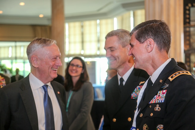 U.S. Secretary of Defense James Mattis, left, and U.S. Army Gen Joseph L. Votel, commander, U.S. Central Command, attend the Manama Dialogue, Oct 27, 2018. The Dialogue hosted a diverse group of prime ministers, defense ministers, foreign ministers, national security advisers, and military and intelligence chiefs who gather for three days of discussions that address the Middle East’s most pressing security challenges. (U.S. Army photo by Sgt. Franklin Moore)