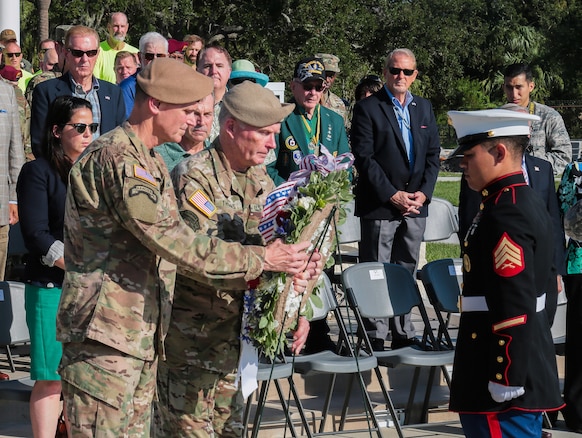 U.S. Army Gen. Joseph Votel, commander, U.S. Central Command, and U.S. Army Gen. Raymond A. Thomas III, commander, U.S. Special Operations Command lay a wreath in observance of Veterans Day during a ceremony, Nov. 8, 2018. Veterans Day celebrates the service of all U.S. military veterans. The holiday originated as Armistice Day and marked the end of hostilities of World War I that occurred at the 11th hour on the 11th day of the 11th month.