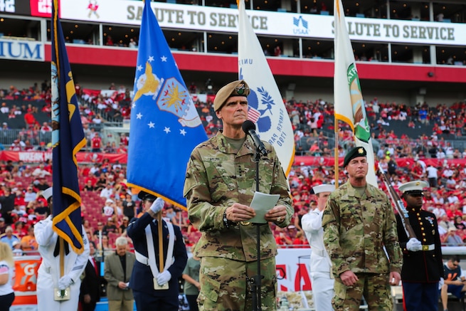 U.S. Army Gen. Joseph Votel, commander, U.S. Central Command, and Command Sgt. Maj. Bill Thetford, U.S. Central Command’s senior enlisted leader await the arrival of approximately 130 future service members prior to an Oath of Enlistment ceremony at Raymond James Stadium, Nov. 11th, 2018. The enlistees were provided a unique opportunity to take the Oath of Enlistment in front of thousands of football fans, during halftime of the Tampa Bay Buccaneers home game versus the Washington Redskins. (U.S. Central Command Public Affairs photo by Tom Gagnier)