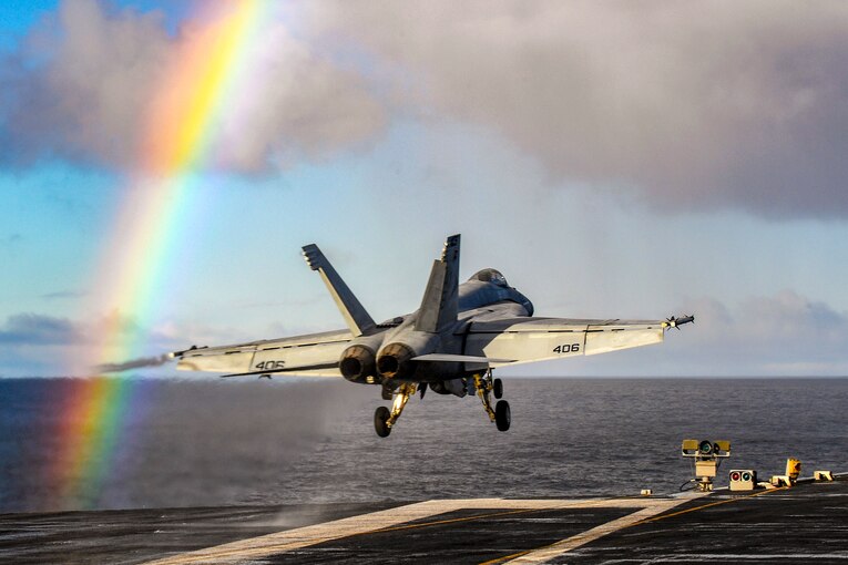A Super Hornet takes off from a carrier.