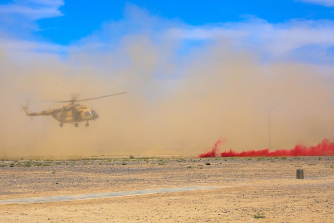 A Mi-17 from the Afghan air force prepares to land, May 8, 2018, at the Regional Military Training Center-Kandahar during a medical evacuation exercise hosted by Soldiers from the 2nd Battalion, 1st Security Force Assistance Brigade in Kandahar Afghanistan.
“The Afghan army has taken severe casualties over the past year-and-a-half and they’ve stayed in the field fighting,” Defense Secretary James N. Mattis said.
(U.S. Army photo by Staff Sgt. Neysa Canfield/TAAC-South Public Affairs)