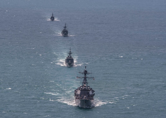 USS Mustin steams in formation with Royal Thai Navy ships during a photo exercise as part of CARAT Thailand 2018.