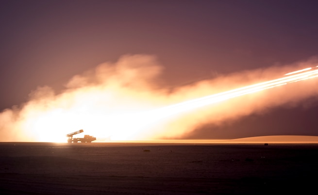 U.S. Army Soldiers assigned to the 65th Field Artillery Brigade, and soldiers from the Kuwait Land Forces fire their High Mobility Artillery Rocket Systems (U.S.) and BM-30 Smerch rocket systems (Kuwait) during a joint live-fire exercise, Jan. 8, 2019, near Camp Buehring, Kuwait. The U.S. and Kuwaiti forces train together frequently to maintain a high level of combat readiness and to maintain effective communication between the two forces. (U.S. Army Photo by Sgt. James Lefty Larimer)