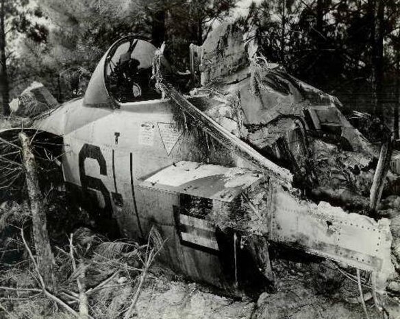 In 1955, Dick Govoni, an active-duty Marine Corps pilot at the time, crashed an F2H-4 Banshee jet. According to his wife, Govoni had a broken back but climbed out this wrecked cockpit before it burned.