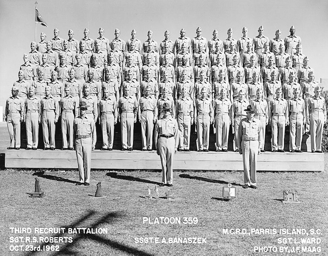 The recruits and drill instructors of Platoon 359 as they appeared in 1962.
