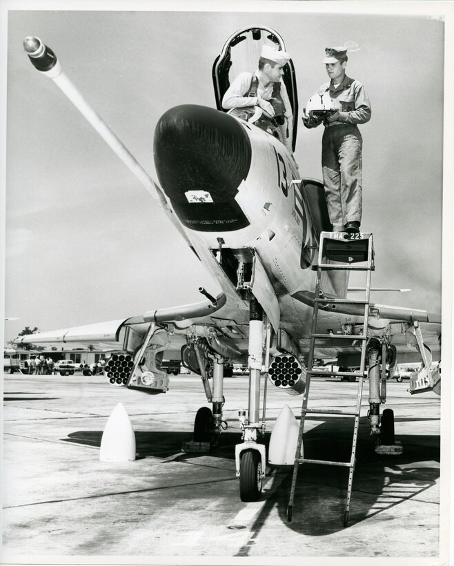 Marines of Marine Attack Squadron 225 go over the manuals concerning the new A-4D Skyhawk on the flight line of Marine Corps Air Station Cherry Point in 1962. Jets proved themselves to be more reliable, more survivable and much faster than their propeller-driven predecessors. This led to the Marine Corps replacing all propeller-driven fighter aircraft with jets prior to American involvement in the Vietnam War.