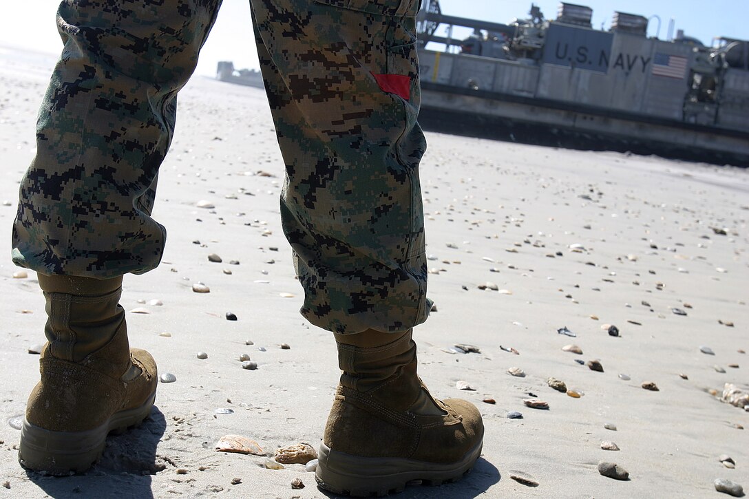 During a moment of down time Sgt. Brandon Dillard, the Savannah Marine's training chief, observes some of the Navy's Landing Craft Air Cushioned vehicles. Nearly 20 landing support Marines from the 2nd Beach and Terminal Operations Company (Reinforced) visited Onslow Beach here, Feb. 5 in support of the 26th Marine Expeditionary Unit's initial pre-deployment training program, an operational evaluation of the USS San Antonio.