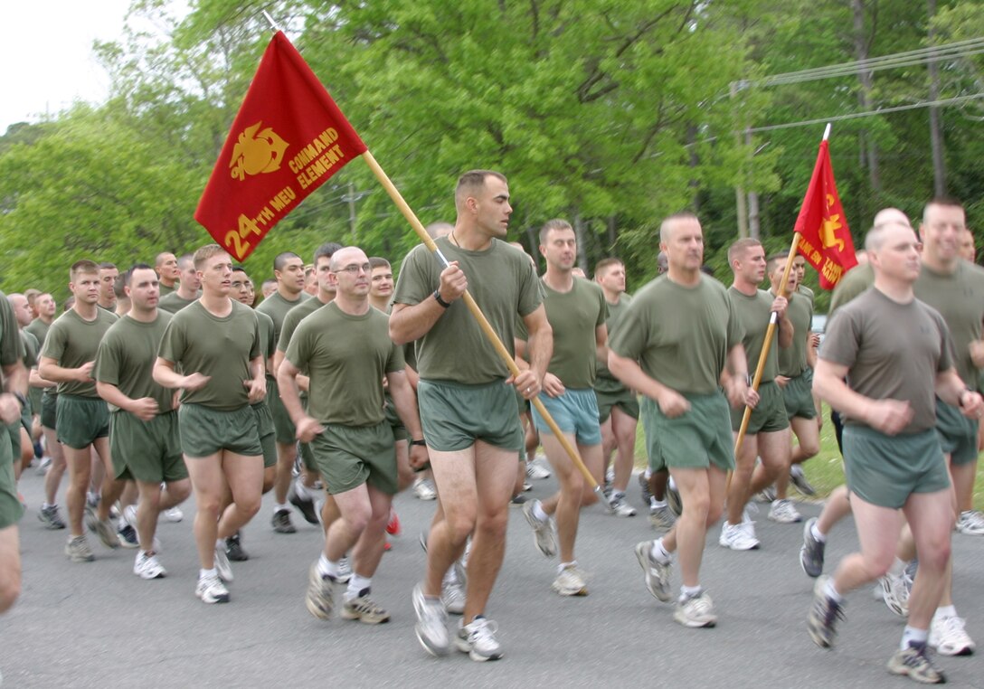 Marines of the 24th Marine Expeditionary Unit begin a 5-kilometer run at Camp Lejeune, N.C., April 29. The Navy-Marine Corps Relief Society sponsored the run.