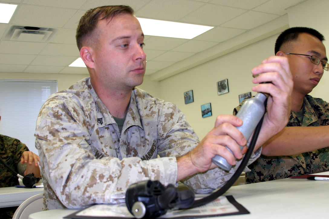 Cpl. Jason Wukich, a Turtle Creek, Penn., native and administrative clerk for the 24th Marine Expeditionary Unit command element, twists his Intermediate Passenger Helicopter Aircrew Breathing Device during class. Marines from the 24th MEU's command element recently completed courses in both the IPHABD and Shallow Water Egress Trainer. The training was being conducted in preparation for the MEU's upcoming deployment.