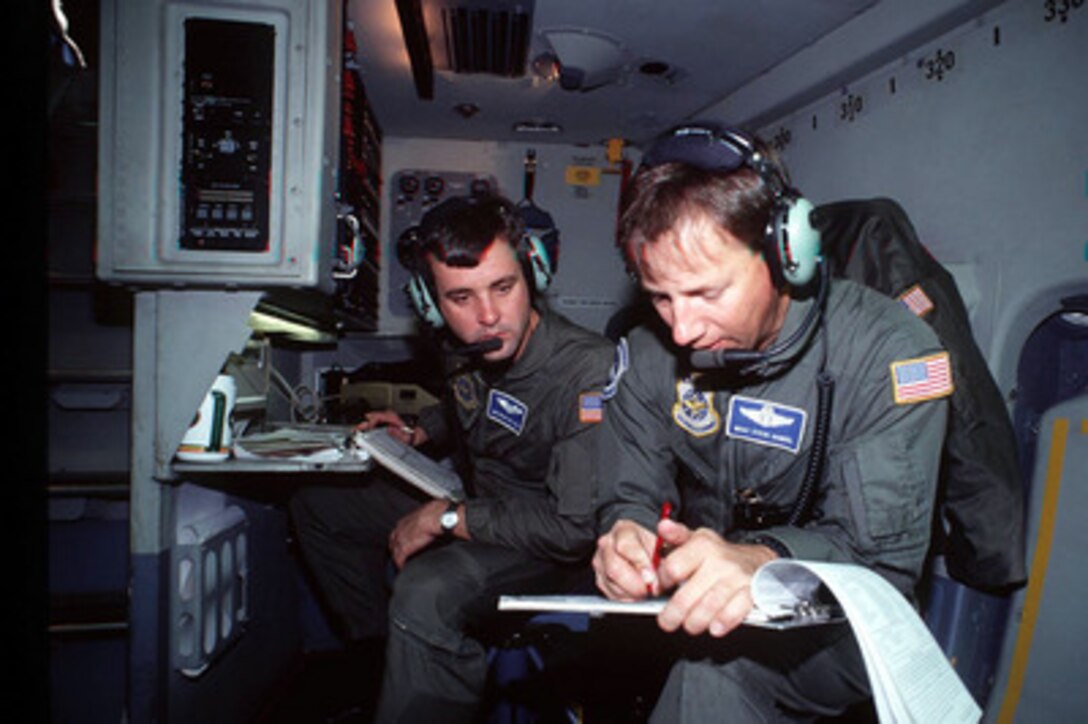 U.S. Air Force loadmasters Master Sgt. Steve Hondel (right) and Senior Airman Brian Williams (left) go over the weight and balance forms aboard a C-17 Globemaster III cargo aircraft on Dec. 8, 1995. The aircraft is being loaded with a humanitarian cargo of 62 metric tons of kerosene and wood chips for the city of Sarajevo, Bosnia-Herzegovina as part of Operation Provide Promise. Hondel and Williams are attached to the 17th Air Lift Squadron, Charleston Air Force Base, S.C. 