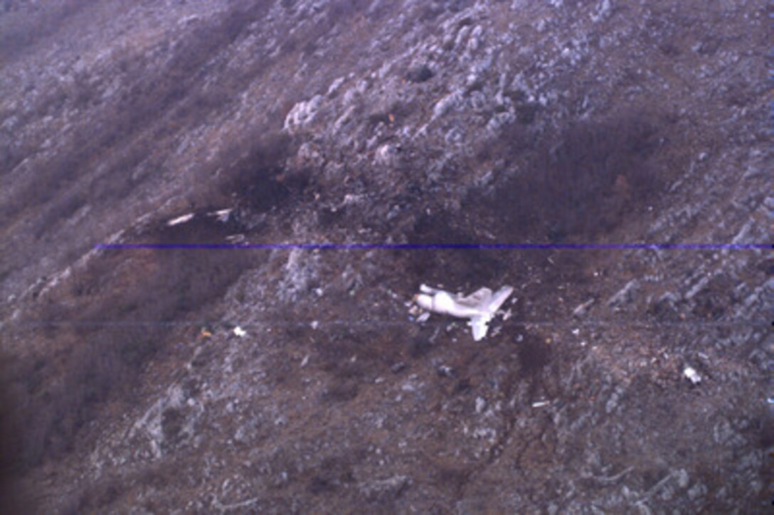 The wreckage of the U.S. Air Force T-43A which crashed on April 3 while carrying Commerce Secretary Ronald H. Brown and his delegation is scattered on a hillside approximately 3 kilometers north of the Dubrovnik Airport in Croatia. Military and civilian investigators are sifting through the wreckage to determine the cause of the crash. 