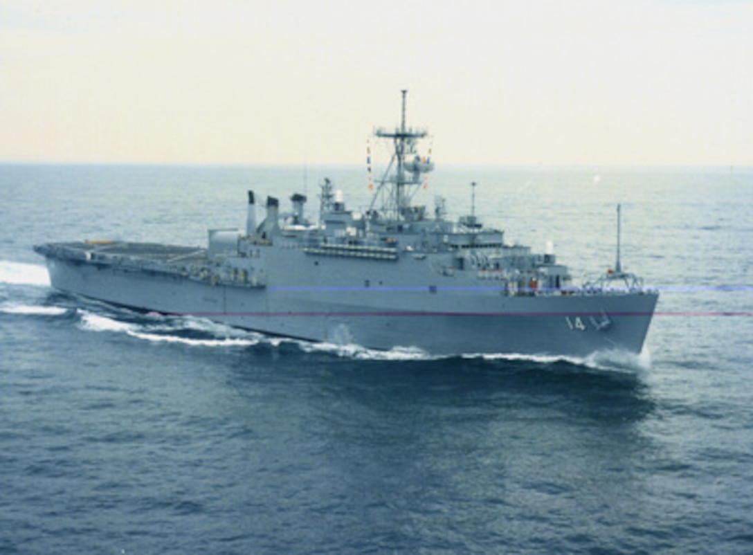 President Clinton has ordered the amphibious transport dock ship USS Trenton (LPD 14), shown in this file photo, to steam towards the coast of Liberia to assist in the evacuation of U.S. citizens and foreign nationals known as Operation Assured Response. Joining the Trenton will be the amphibious assault ship USS Guam (LPH 9), and the dock landing ship USS Portland (LSD 37). All three ships are designed to support amphibious operations via helicopters or landing craft. The Guam carries a complement of U.S. Marine Corps CH-53 Sea Stallion and CH-46 Sea Knight helicopters. 