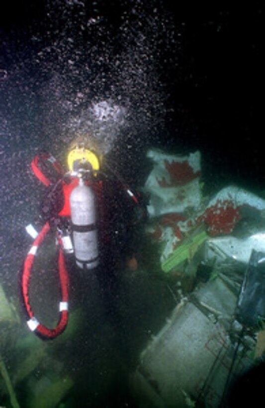 A U.S. Navy diver, Engineman 2nd Class Anthony Bartelli, from Palatka, Fla., walked on the bottom while searching for TWA Flight 800 debris, one hundred and twenty feet below the U.S. Navy's salvage rescue ship USS Grasp (ARS 51). Bartelli is stationed on the Navy's submarine tender USS Emory S. Land (AS 39) home ported in Norfolk, Virginia, and is temporarily assigned to the Grasp to augment and support 24 hour sustained diving operations. .