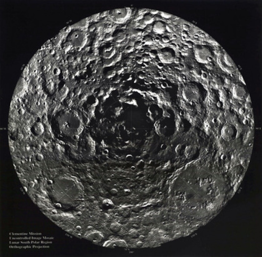 The recent interpretation of data from the Clementine spacecraft mission, a joint Ballistic Missile Defense Organization/NASA venture, has revealed that deposits of ice could exist in permanently dark regions near the South Pole of the Moon. Initial estimates suggest that the ice deposit area is the size of small lake (60 to 120 thousand cubic meters), and that the lunar crater containing the ice deposit has a depth greater than the height of Mount Everest, and a rim circumference twice the size of Puerto Rico. The discovery of ice on the Moon has enormous implications for the potential return of humans to the Moon's surface and the establishment of a permanent lunar station. The lunar ice could be mined and dissociated into hydrogen and oxygen by electric power provided by solar panels or a nuclear generator, providing both breathable oxygen and potable water for the permanent station on the Moon. Hydrogen and oxygen are also prime components of rocket motor fuel and could potentially result in the establishment of a lunar filling station making transport to or from the Moon more economical by at least a factor of ten. The Clementine spacecraft was launched aboard a Titan II missile from Vandenberg Air Force Base, Calif., on Jan. 25, 1994. Its primary military mission was to qualify lightweight sensor and camera technology for possible application for ballistic missile defense programs, but it also demonstrated a capability for low-cost, high-value space exploration missions.