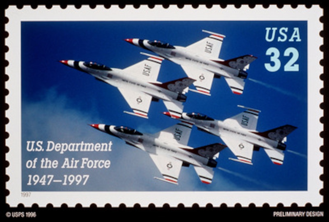 The U.S. Postal Service honored the Air Force during a Pentagon ceremony on Dec. 5, 1996, to unveil the design of the first-ever commemorative postage stamp highlighting the nation's youngest military service. The stamp recognizes the Air Force's 50 years as the world's premier air and space force. The stamp is an image of the U.S. Air Force Thunderbirds flying the F-16 Fighting Falcon. The Thunderbirds perform precision aerial maneuvers at air shows throughout the world to demonstrate the capabilities of Air Force high performance aircraft. The Postal Service will issue and begin selling the stamp on Sept. 18, 1997.