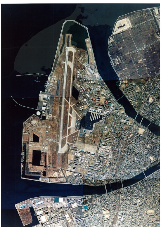 An aerial view of the runway before any construction began in 1996. The Iwakuni Runway Relocation Project was first announced in 1992, and actual construction started in 1997.