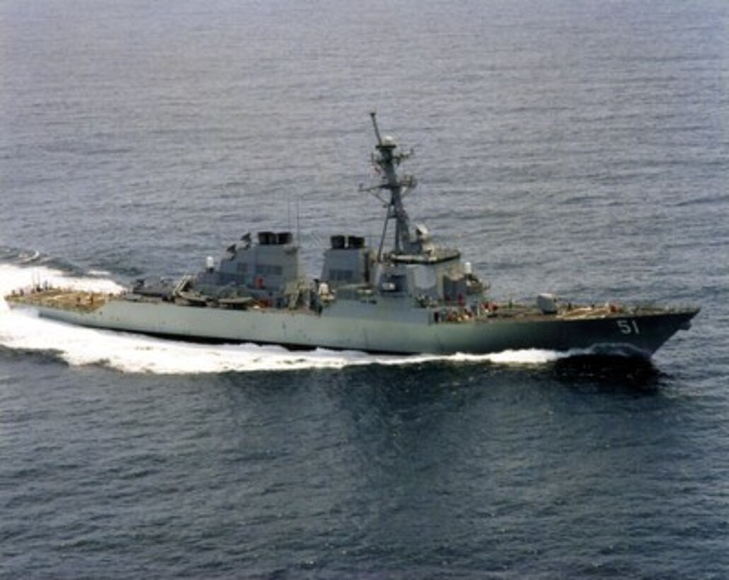 Atlantic Ocean (1992). . . .A starboard view of the guided missile destroyer USS Arleigh Burke (DDG 51) underway off the Virginia Capes. 