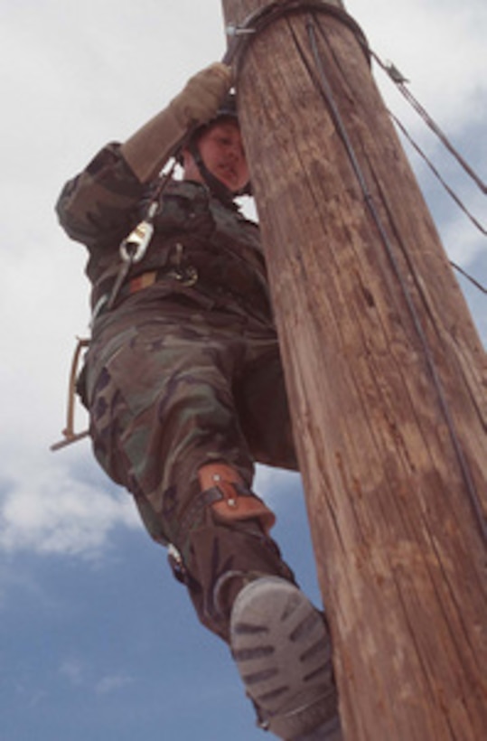 Pvt. Wood, from the 16th Signal Battalion, climbs a telephone pole at the base camp on MacGregor Reservation, N.M., on June 6, 1996, during exercise Roving Sands '96. Wood is connecting line to a communications dish which will be used to send super high frequency signals to units taking part in Roving Sands '96 which is the world's largest joint, tactical air defense exercise involving service men and women from the U.S., Germany, the Netherlands and Canada. The exercise allows multinational forces to practice tactics, techniques and procedures improving their defense capabilities. The 16th Signal Battalion is deployed for the exercise from Fort Hood, Texas. 