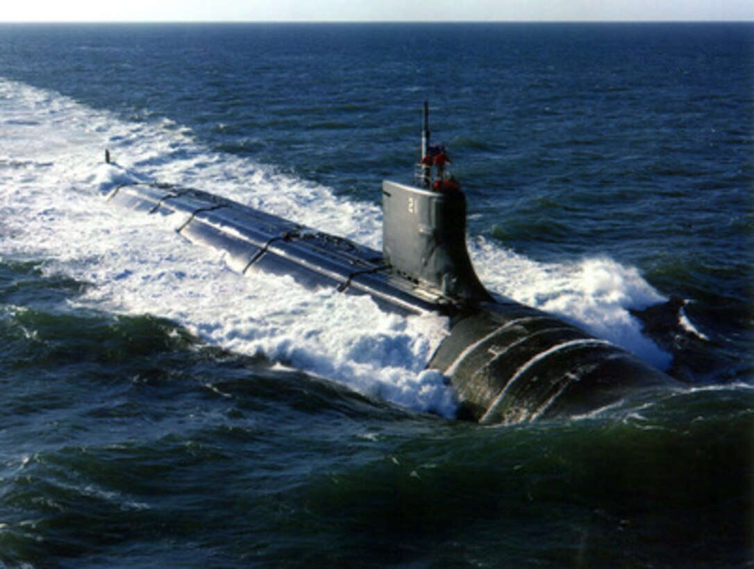The nation's newest and most advanced attack submarine Seawolf (SSN 21) puts to sea in the Narragansett Bay operating area for her first at-sea trial operations on July 3, 1996. Sea trials include various tests of the Seawolf propulsion systems and the first underway submergence of the submarine. The Seawolf represents the Navy's most advanced quieting technology, weaponry, tactical capability and communications. Seawolf is scheduled to be delivered to the Navy and commissioned this fall. U.S. Navy photo courtesy of General Dynamics.