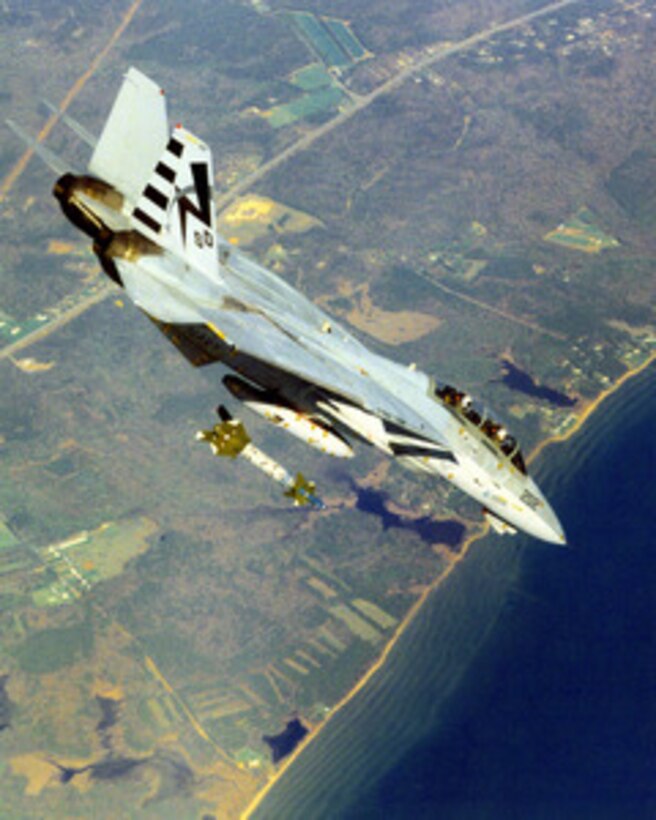 A U.S. Navy F-14A Tomcat releases a GBU-24B/B Hard Target Penetrator Laser-Guided Bomb while in a in a 45-degree dive during ordnance separation testing on May 10, 1996. The Navy is conducting the tests at Naval Air Station Patuxent River, Md., as part of an air-to-ground development program to support clearance for use of the weapon in the fleet by F-14 Tomcats. This Tomcat is assigned to the Strike Aircraft Test Squadron at Patuxent River. 