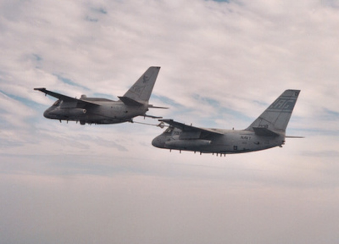 An ES-3B (Shadow) aircraft from Tactical Electronic Warfare Squadron Six (VQ-6) refuels an S-3B (Viking) from Sea Control Squadron Three One (VS-31) in the skies over the Arabian Gulf on April 25, 1996. VQ-6 and VS-31 are two of nine squadrons that make up Carrier Air Wing Seven, currently embarked on board the U.S. Navy nuclear powered aircraft carrier USS George Washington (CVN 73), currently deployed to the Arabian Gulf in support of Operation Southern Watch. 