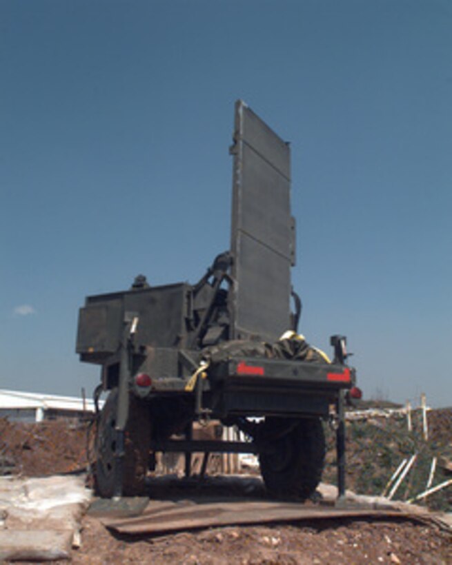 A U.S. Army AN/TPQ-36 Fire Finder Radar System is set up at the International Airport in Sarajevo, Bosnia and Herzegovina, on April 20, 1996. The Fire Finder Radar has the capability to determine where a round was fired from, where it will land and will compute coordinates for a counterattack if needed. The radar can track artillery rounds, mortars, and rounds as small as .50-caliber. An eight soldier team and the radar unit are deployed from the 161st Target Acquisition Battery, Kansas National Guard, are deployed as part of the NATO Implementation Force (IFOR) in Bosnia and Herzegovina for Operation Joint Endeavor. 