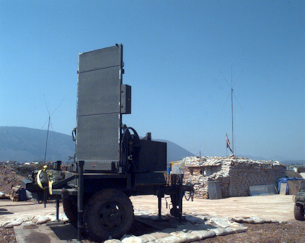 A U.S. Army AN/TPQ-36 Fire Finder Radar System is set up at the International Airport in Sarajevo, Bosnia and Herzegovina, on April 20, 1996. The Fire Finder Radar has the capability to determine where a round was fired from, where it will land and will compute coordinates for a counterattack if needed. The radar can track artillery rounds, mortars, and rounds as small as .50-caliber. An eight soldier team and the radar unit are deployed from the 161st Target Acquisition Battery, Kansas National Guard, are deployed as part of the NATO Implementation Force (IFOR) in Bosnia and Herzegovina for Operation Joint Endeavor. 