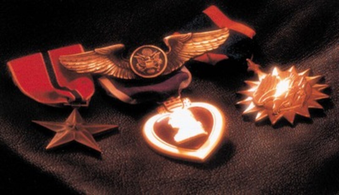 Honorable Mention Illustrative'A Warrior's Wings' by Master Sgt. Michael J. Haggerty, U.S. Air Force.Basic Air Force Enlisted Aircrew Wings set before a Bronze Star, Purple Heart and an Air Medal, signifying the dangers of flying jobs.