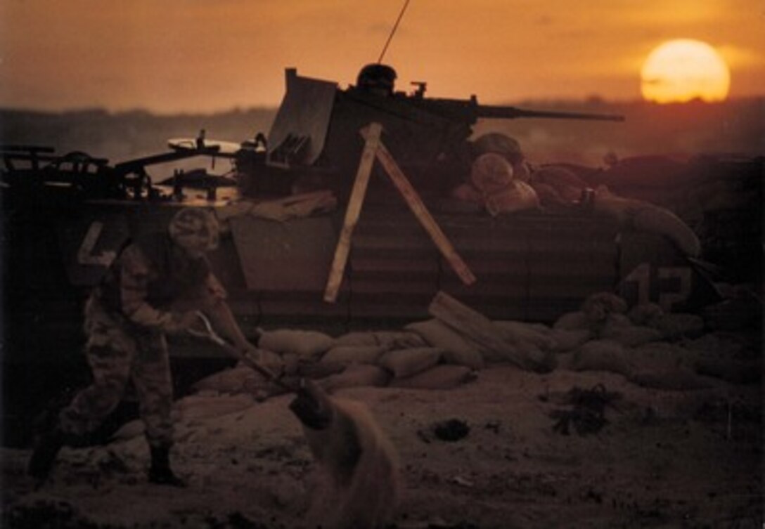 Honorable Mention Pictorial  'Digging In' by Petty Officer 1st Class Bob Shanks, U.S. Navy.  A Somali sunset marks the end of another day for two Italians in Mogadishu during Operation United Shield.