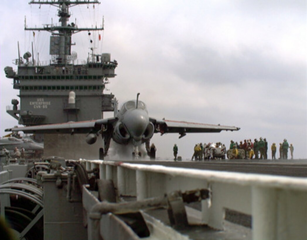An A-6 Intruder is readied for launch on the number one catapult during flight operations on board the USS Enterprise (CVN 65) on April 27, 1996, while the ship is underway for Combined Joint Task Force Exercise '96. More than 53,000 military service members from the United States and the United Kingdom are participating in Combined Joint Task Force Exercise 96 on military installations in the Southeastern United States and in waters along the Eastern seaboard. The Intruder is assigned to Attack Squadron 75 from Naval Air Station Oceana, Va. 