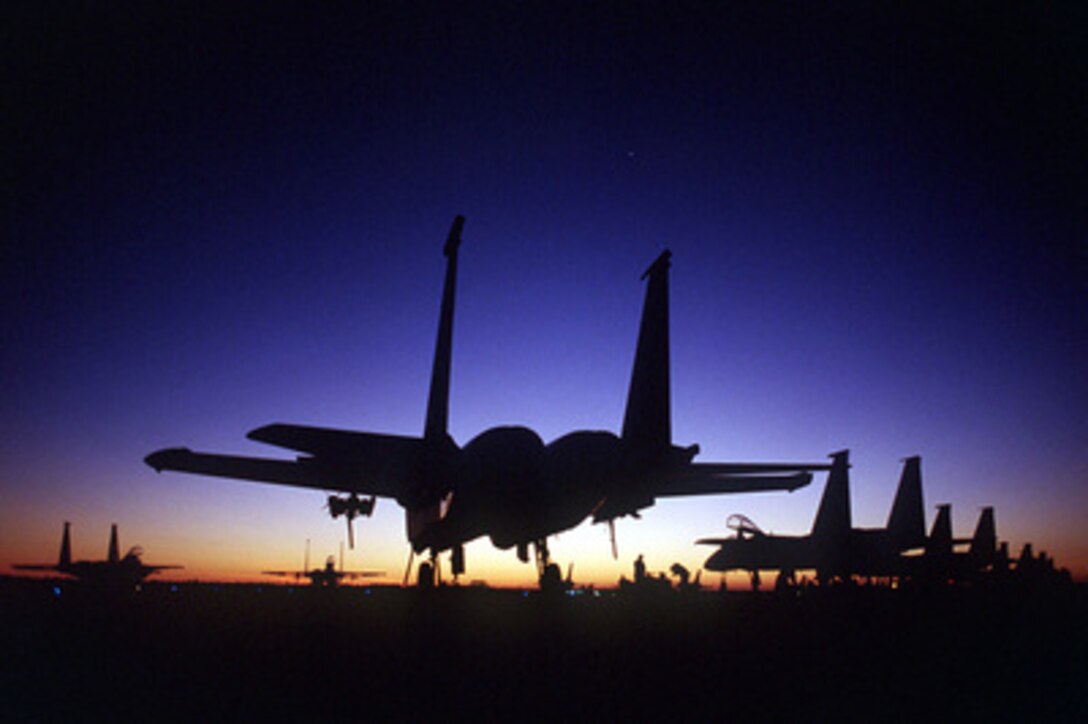 F-15 Eagles are silhouetted by the morning light as they sit on the flight line at Tyndall Air Force Base, Fla., on Oct. 24, 1996, during William Tell '96. William Tell is an annual competition designed to challenge the air-to-air capabilities of combat air forces and have their crews perform under simulated combat conditions. 