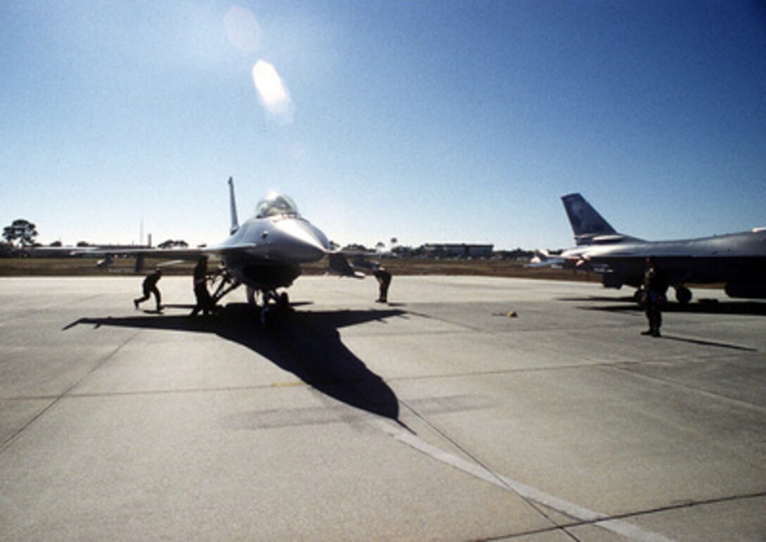 A U.S. Air Force F-16 Fighting Falcon prepares to taxi out for take-off from Tyndall Air Force Base, Fla., on Oct. 24, 1996, during William Tell '96. William Tell is an annual competition designed to challenge the air-to-air capabilities of combat air forces and have their crews perform under simulated combat conditions. This Falcon is assigned to the 173rd Fighter Wing, Kingsley Field, Ore. 