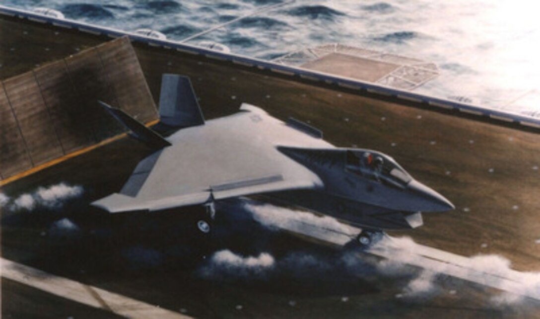 This artist's conception is the U.S. Navy version of the Joint Strike Fighter to be built by Boeing. Secretary of Defense William J. Perry announced the selection of the Boeing Company, Seattle, Wash., as one of two contractors to be awarded a cost-plus-fixed-fee contract for the Joint Strike Fighter Concept Demonstration Program during a briefing at the Pentagon on Nov. 16, 1996. The Joint Strike Fighter is the military's next generation, multi-role, strike aircraft designed to complement the Navy F/A-18 and the Air Force F-22 aircraft. The Concept Demonstration Program will feature flying aircraft demonstrators, ground and flight technology demonstrations, and continued refinement of the contractor's weapons system concept for the next generation strike fighter for the Navy, Marine Corps, Air Force, and Royal Navy. With the first operational aircraft delivery slated for 2008, the development program is a joint U.S.-United Kingdom effort that seeks to affordably replace aging strike assets while maintaining the national and allied combat technological edge. The Lockheed Martin of Fort Worth, Texas, will also develop their concept of the Joint Strike Fighter under a similar contract.