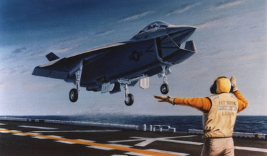 This artist's conception is the U.S. Marine Corps version of the Joint Strike Fighter to be built by Boeing. Secretary of Defense William J. Perry announced the selection of the Boeing Company, Seattle, Wash., as one of two contractors to be awarded a cost-plus-fixed-fee contract for the Joint Strike Fighter Concept Demonstration Program during a briefing at the Pentagon on Nov. 16, 1996. The Joint Strike Fighter is the military's next generation, multi-role, strike aircraft designed to complement the Navy F/A-18 and the Air Force F-22 aircraft. The Concept Demonstration Program will feature flying aircraft demonstrators, ground and flight technology demonstrations, and continued refinement of the contractor's weapons system concept for the next generation strike fighter for the Navy, Marine Corps, Air Force, and Royal Navy. With the first operational aircraft delivery slated for 2008, the development program is a joint U.S.-United Kingdom effort that seeks to affordably replace aging strike assets while maintaining the national and allied combat technological edge. The Lockheed Martin of Fort Worth, Texas, will also develop their concept of the Joint Strike Fighter under a similar contract.