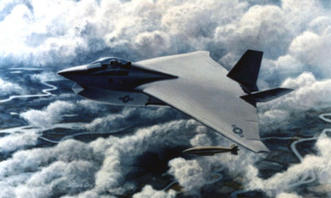 This artist's conception is the U.S. Air Force version of the Joint Strike Fighter to be built by Boeing. Secretary of Defense William J. Perry announced the selection of the Boeing Company, Seattle, Wash., as one of two contractors to be awarded a cost-plus-fixed-fee contract for the Joint Strike Fighter Concept Demonstration Program during a briefing at the Pentagon on Nov. 16, 1996. The Joint Strike Fighter is the military's next generation, multi-role, strike aircraft designed to complement the Navy F/A-18 and the Air Force F-22 aircraft. The Concept Demonstration Program will feature flying aircraft demonstrators, ground and flight technology demonstrations, and continued refinement of the contractor's weapons system concept for the next generation strike fighter for the Navy, Marine Corps, Air Force, and Royal Navy. With the first operational aircraft delivery slated for 2008, the development program is a joint U.S.-United Kingdom effort that seeks to affordably replace aging strike assets while maintaining the national and allied combat technological edge. The Lockheed Martin of Fort Worth, Texas, will also develop their concept of the Joint Strike Fighter under a similar contract.