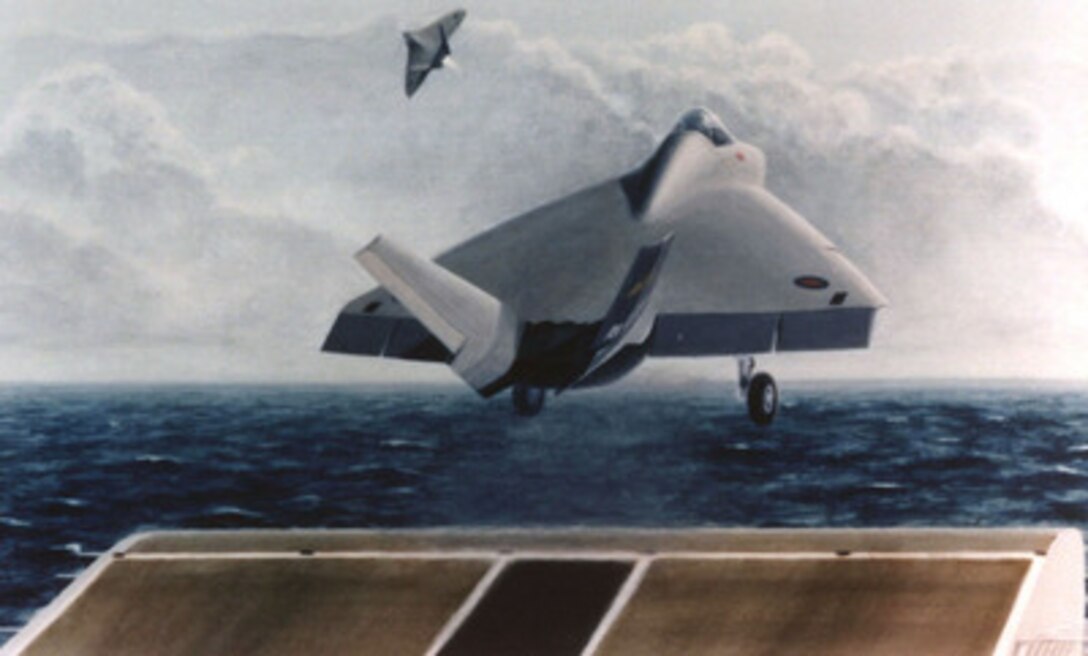 This artist's conception is the Royal Navy version of the Joint Strike Fighter to be built by Boeing. Secretary of Defense William J. Perry announced the selection of the Boeing Company, Seattle, Wash., as one of two contractors to be awarded a cost-plus-fixed-fee contract for the Joint Strike Fighter Concept Demonstration Program during a briefing at the Pentagon on Nov. 16, 1996. The Joint Strike Fighter is the military's next generation, multi-role, strike aircraft designed to complement the Navy F/A-18 and the Air Force F-22 aircraft. The Concept Demonstration Program will feature flying aircraft demonstrators, ground and flight technology demonstrations, and continued refinement of the contractor's weapons system concept for the next generation strike fighter for the Navy, Marine Corps, Air Force, and Royal Navy. With the first operational aircraft delivery slated for 2008, the development program is a joint U.S.-United Kingdom effort that seeks to affordably replace aging strike assets while maintaining the national and allied combat technological edge. The Lockheed Martin of Fort Worth, Texas, will also develop their concept of the Joint Strike Fighter under a similar contract.